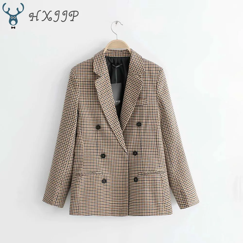 Spring and Autumn Suit Collar Jackets Double-breasted Long-sleeved Slim  Plaid  Full  Women Blazers and Jackets