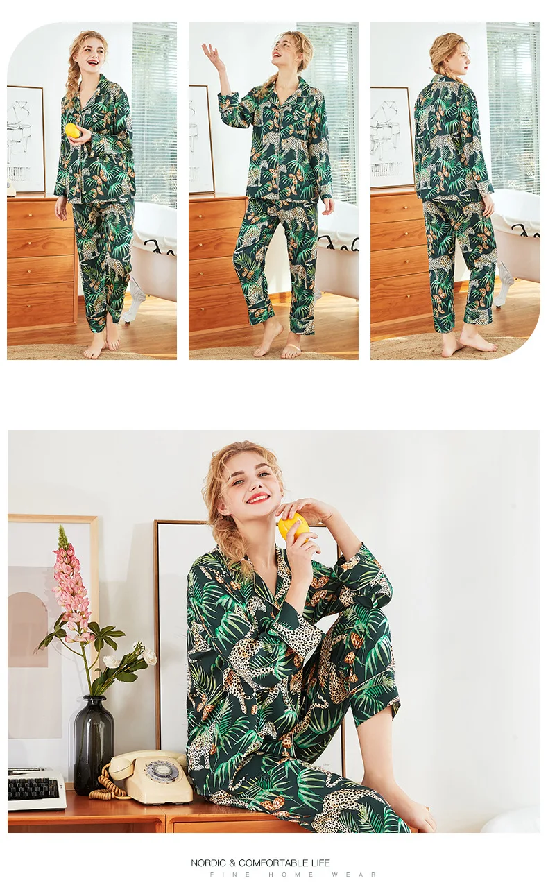 Summer Women Pajamas Sets With Pants Silk Pijama Satin Pyjama Flower Print Nightwear 2 Piece Set Long Sleeve Sleepwear