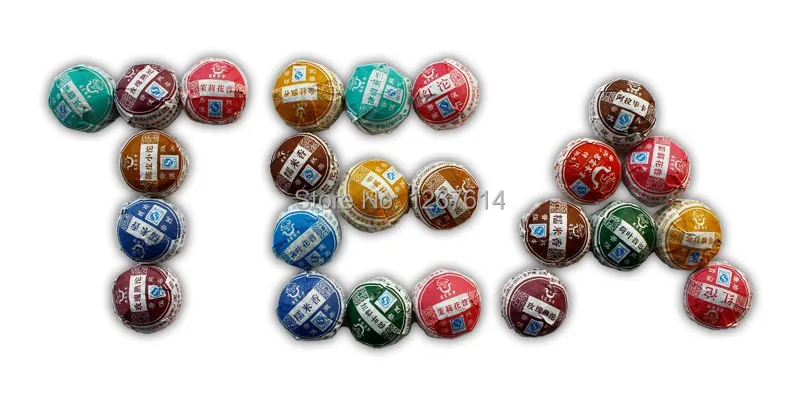

Mini Puerh Tea Cake of different flavors packed in Traditional Chinese Folk Style Bags, Multiple Flavors