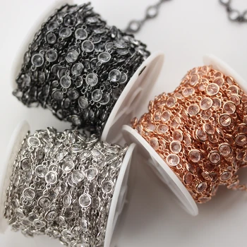 

6mm,Clear White K9 Glass Flat Round Coin Shape Beads Chain,Wire Wrapped 3 Colors Plated Copper Fashion Links Chamilia Bracelet