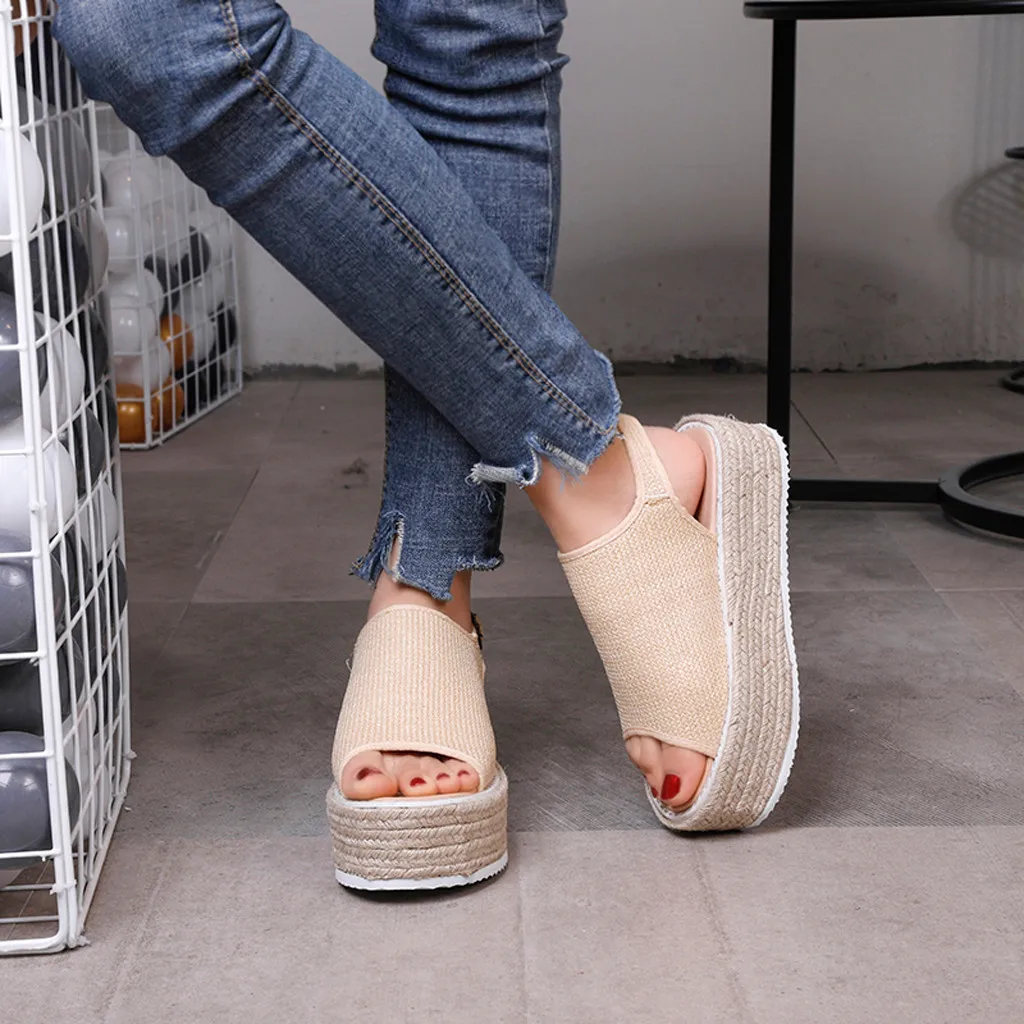 

Womens Straw Sandals Fish Mouth Open Toe Thick Bottom Braided Thick Sole Roman Shoes Beach Sandals Sandalias Mujer Sandale