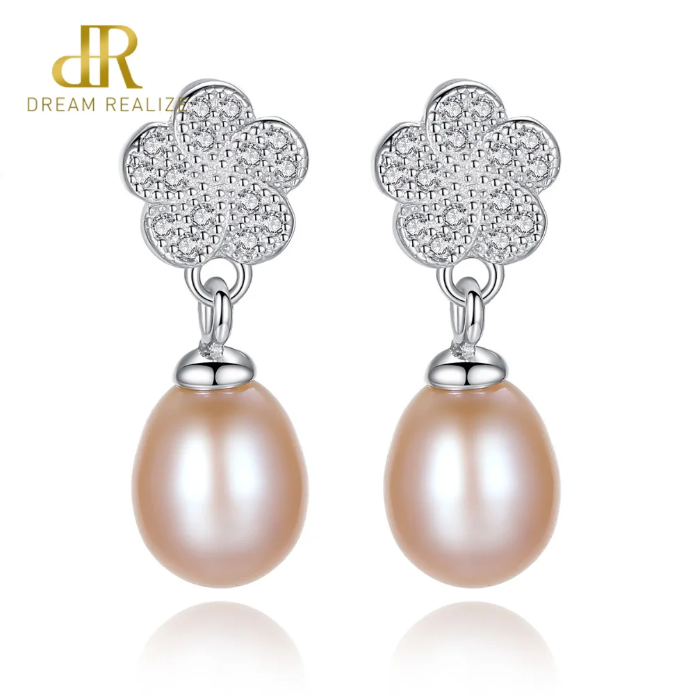 

DR Fine Jewelry Flower Shape Stud Earrings Rice Freshwater Natural Pearl 925 Silver White Brincos for Women Party Jewelry