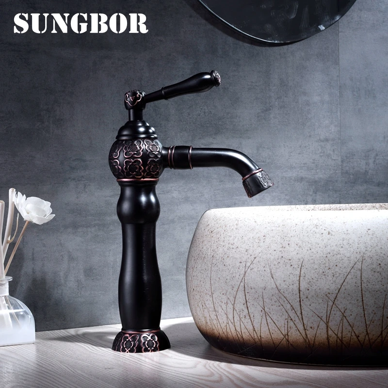 

Quality Carving Black Color Deck Mounted Bathroom Basin Faucet Hot Cold Water 360 Degree Rotation Bathroom Sink Mixer Taps AL487