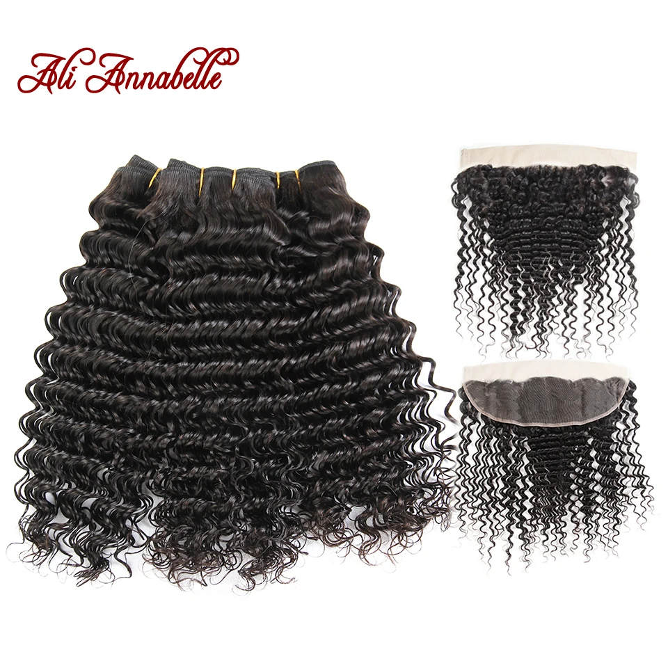 

Ali Annabelle Hair 3 Bundles Brazilian Deep Wave 100% Human Hair Bundles With Frontal Natural Black Remy Hair Extension