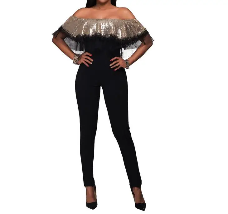 Ruffle Off Shoulder Jumpsuit Womens Elegant Sequins Overalls Sexy