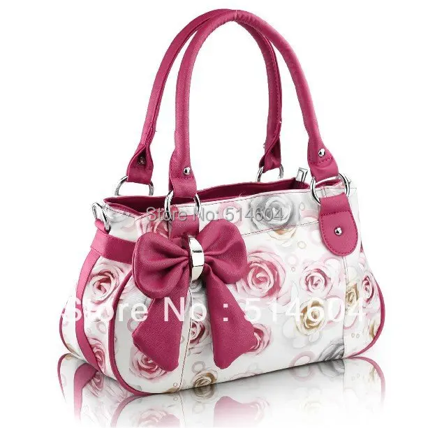 Woman Bow Handbag Big Bowknot Womens Rose Pattern PU Leather Bow Style