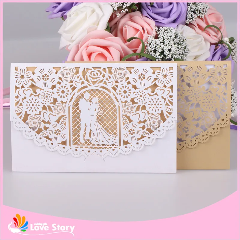 

10sets/Lot 12x18cm Bride And Groom Laser Cut Invitations Card vintage Flower Invitation Card Anniversaire Wedding Party Supplies