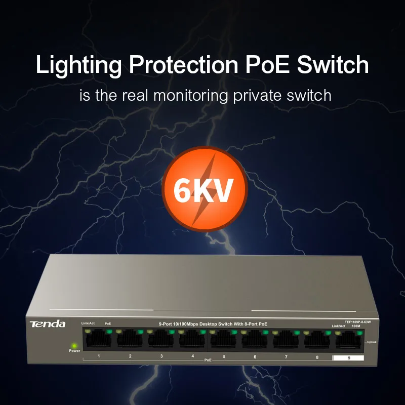 Tenda TEF1109P 8 63W POE коммутатор быстрый Ethernet полный дуплекс 10/100 Мбит/с 1 Гбит/с емкость 58