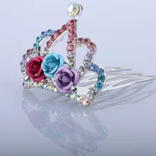 Мини милый розовый цветок Хрустальная корона принцессы из страз расческа для волос на день рождения диадемы для девочек Детские аксессуары для волос