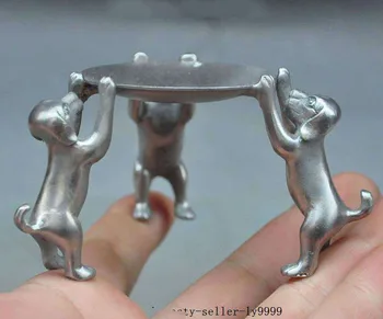

Crafts statue Folk Chinese silver Zodiac 3 Dog Candlesticks Menorah Plate Candle Holder Statue halloween