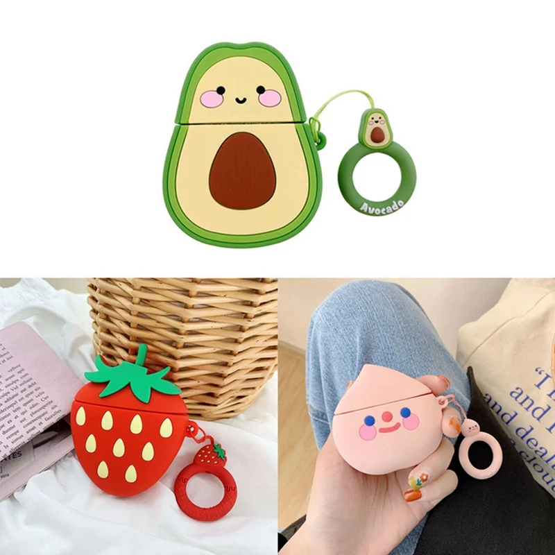 

For Airpods Case Cute Cartoon Earphone Cases For Apple Airpods 2 Fruit Strawberry Peach Cover For Earpods Earbuds Ring Strap