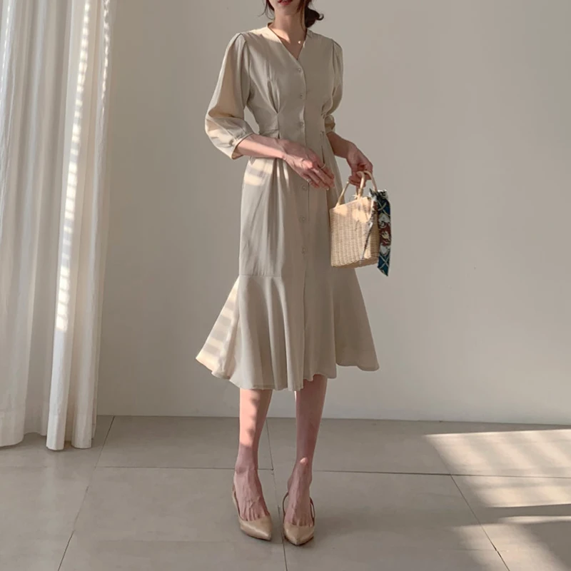 

New Summer Women dress Ruffles Single Breasted Slim Tail Brim Waist Dresses Khaki Light Blue 9665