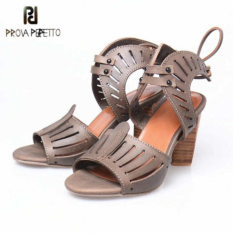 

Prova Perfetto Summer Hollow-out Breathable Peep Toe Thick heels Cow Leather Sandals 2018 Fashionable High Heels Summer Sandals