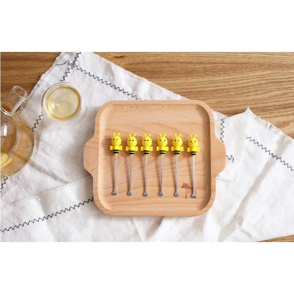 Cute Cartoon Salad Forks Mini Dessert Fruit Forks Holder Stainless Steel with A Holder Silicone Handle Cake Food Pick Fork Set 6 Pcs for Home and Restaurant (Bee)03