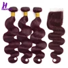 HairUGo Malaysian Body Wave Hair Bundles With Closure 99J Burgundy Ombre Human Hair Bundles With Closure Non Remy Hair Weaving 1