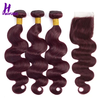 HairUGo Malaysian Body Wave Hair Bundles With Closure 99J Burgundy Ombre Human Hair Bundles With Closure Non Remy Hair Weaving 1