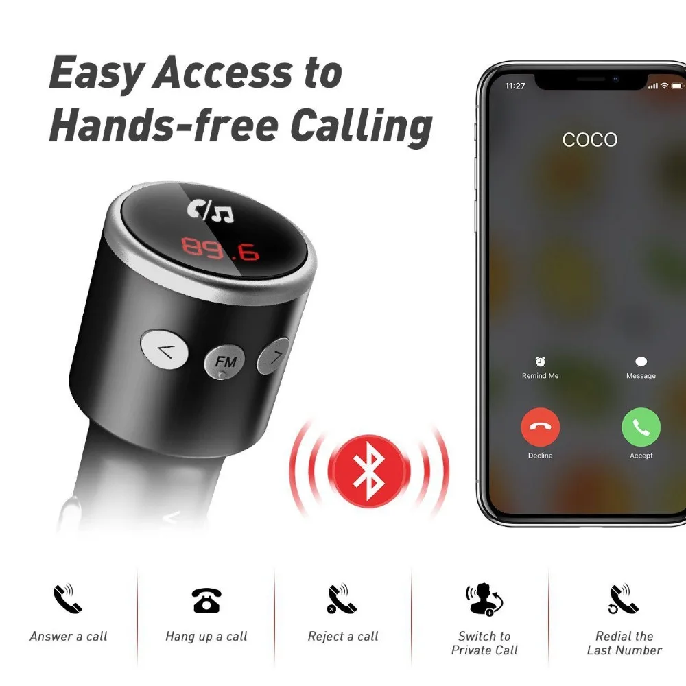 VicTsing Bluetooth FM Transmitter for Car QC3.0 Wireless Bluetooth 4.2 Radio Transmitter Adapter Hands-Free Dual USB Charger