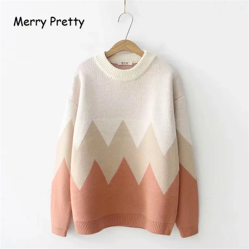 

MERRY PRETTY Woman Sweaters 2018 Autumn Winter Long Sleeve V-Neck Geometric Hit Color Casual Knitting Pullover Christmas Sweater
