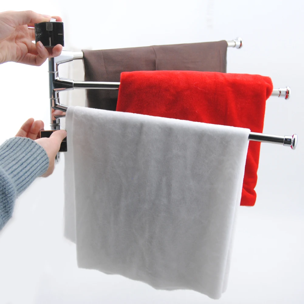 

Home Bathroom Three-layer Towel Bar Hanger Swivel Stainless Steel Wall Hanger Bath Towel Clothes Pajamas Storage Racks With Hook
