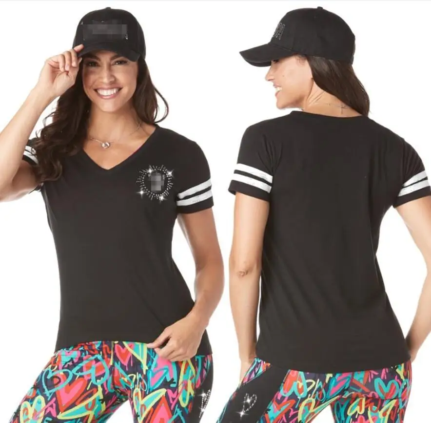 

new designs Women Tops Quick Dry sports running t shirt women cotton clothes tops Crystals V neck T1935