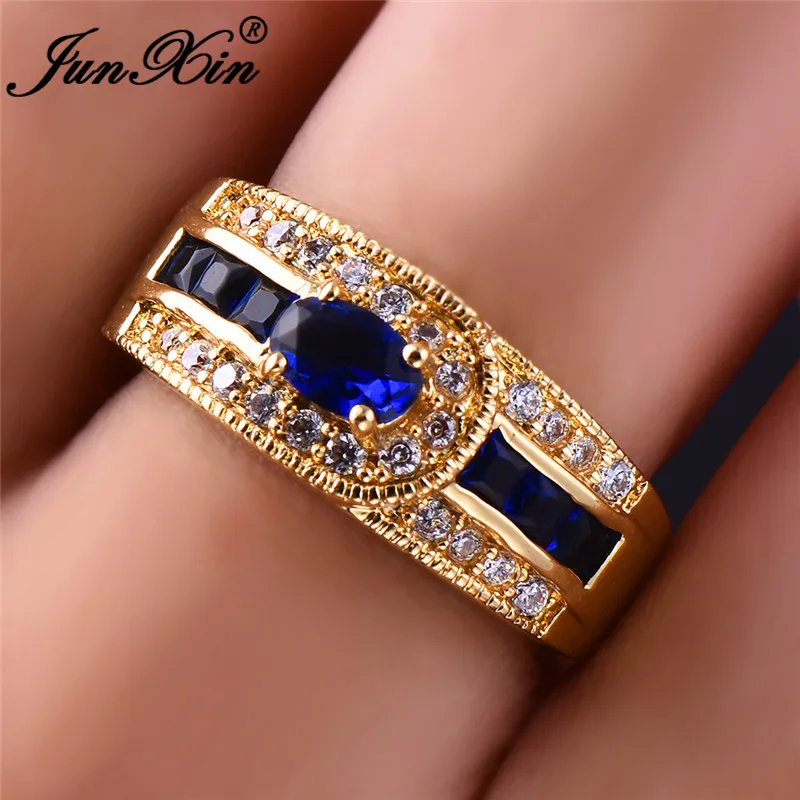 JUNXIN Luxury Jewelry Male Ring With Blue Zirconium Yellow Gold Filled Oval Square Stone Men Women Wedding Rings For Couples CZ