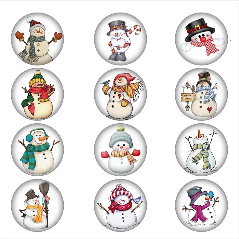 Christmas-Snowman-glass-snap-button-DIY-jewelry-Round-photo-cabochons-flat-back-DA1175