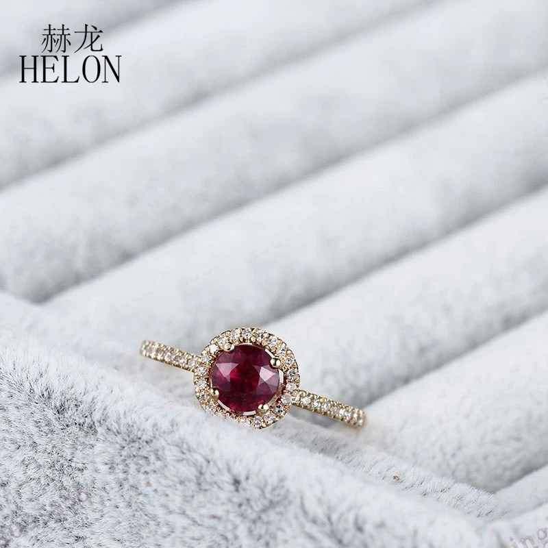 HELON 0.9ct круглое обработанное рубиновое кольцо твердое 10 к желтое золото натуральное бриллиантовое обручальное кольцо женское свадебное драгоценное украшение