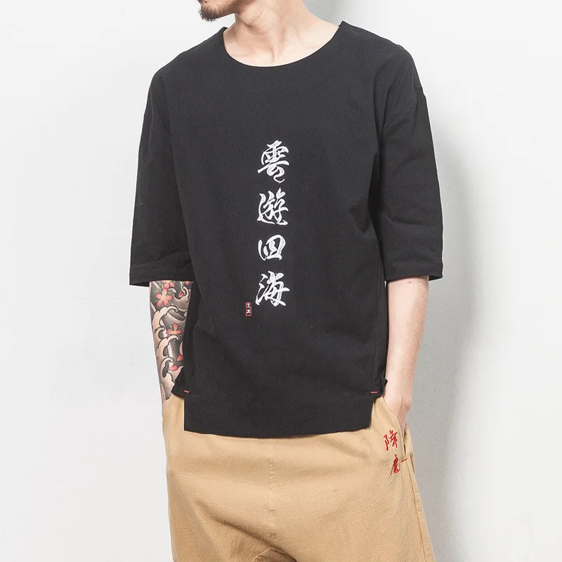 

2019 summer Chinese style cotton and linen men's casual short-sleeved T-shirt retro large size linen embroidery T-shirt male YUN