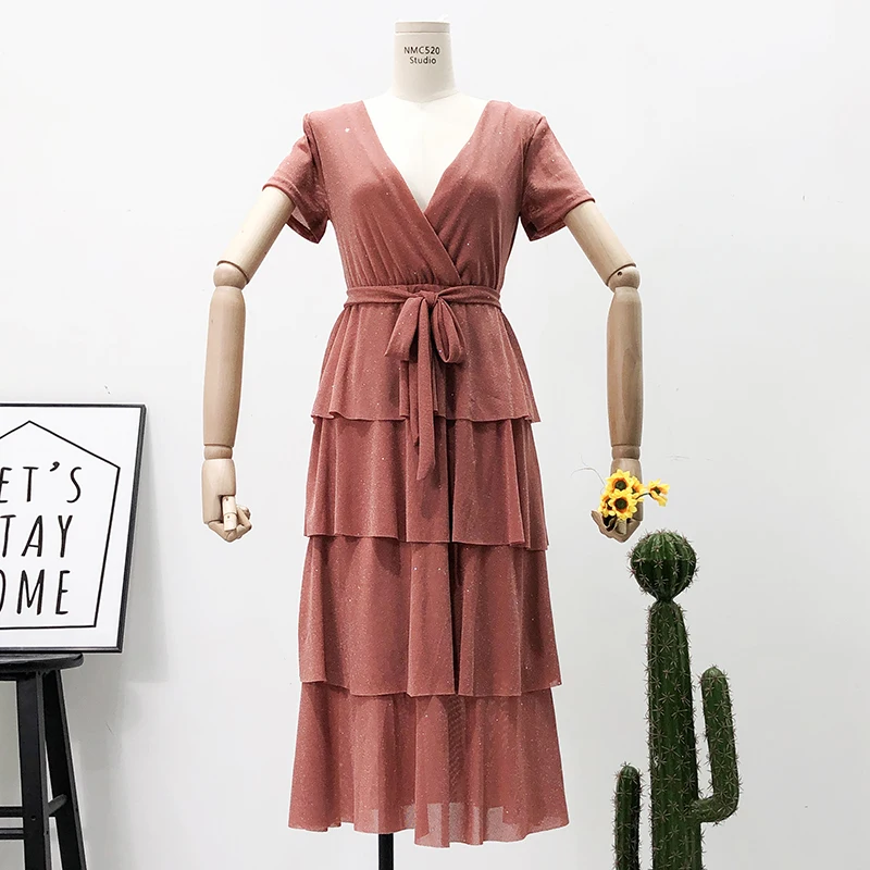 

Women Summer V-neck Sequined Bow Dress Casual Lace Up Bandage Strap Elastic Slim High Waist Pullover Pleated Layer Cake Dresses