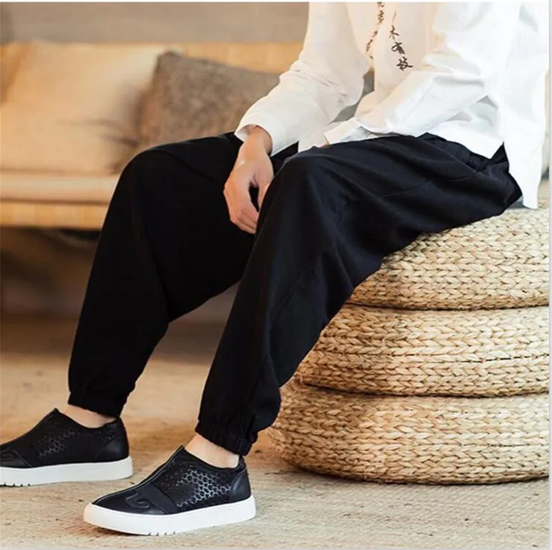 Китайский стиль ноги ремни брюки модные мужские винтажные Твердые широкие брюки размера плюс шнурок талии мужские брюки M-7XL