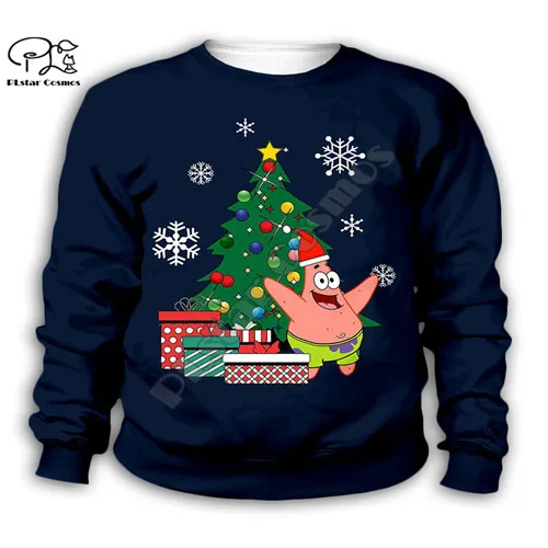 Детские 3D толстовки с капюшоном с рождественским принтом в стиле аниме для мальчиков и девочек, толстовка с изображением Санта-Клауса губки и Боба, kawaii, звезды Патрика - Цвет: Kids  sweatshirts