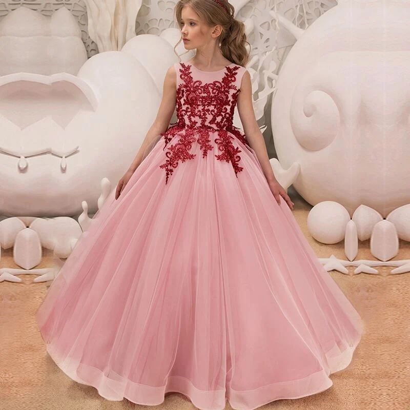 Детские платья для девочек от 10 до 12 до 14 лет, вечерние платья для маленьких девочек с цветочным узором на свадьбу платье принцессы Одежда для девочек - Цвет: Pink1