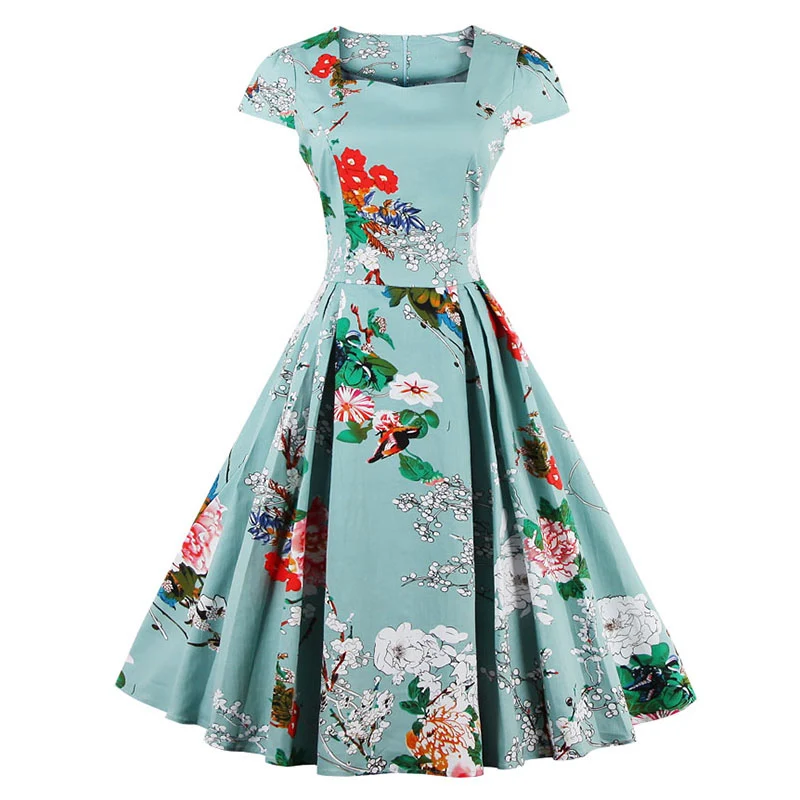 Kostlish Brand 2017 New Summer Dress Women Short Sleeve Slim 50s 60s Vintage Dress Elegant Print Swing Rockabilly Party Dresses (10)