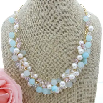 

N093106 19'' White Pearl Gems Stone Crystal Necklace