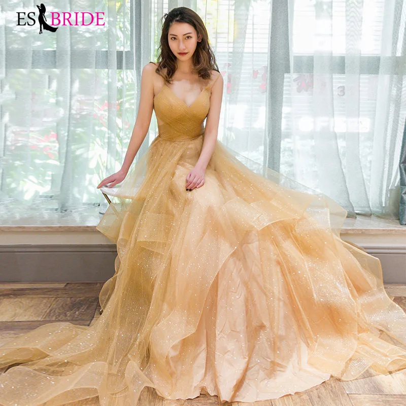 

Gold Gorgeous Evening Dresses Long A-line Sexy V-neck Formal Dress 2019 Evening Dress Elegant Special Occasion Dresses ES2514