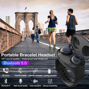 

TWS Bluetooth 5.0 Earphone Portable Bracelet Headset Wireless Fitness Watch Storage Charger Headphones