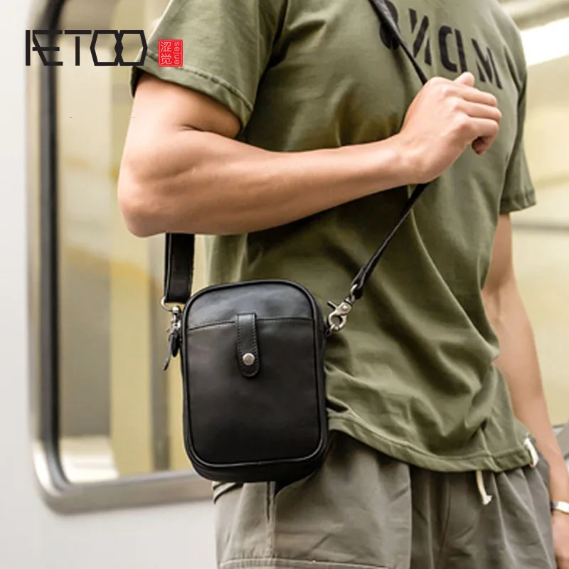 

AETOO Men's diagonal cross bag leather mini casual shoulder bag small bag personality tide brand first layer leather mobile phon