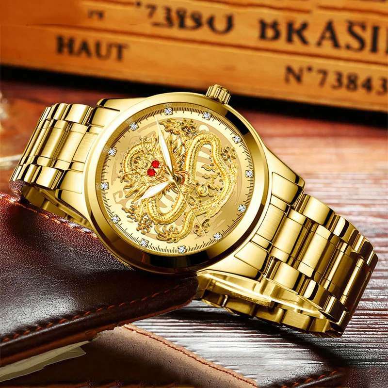 

Men Watch Luxury Emboss Gold Dragon Ruby Diamond Watch Stainless Steel Quartz Waterproof Watch relogio masculino Drop Shipping