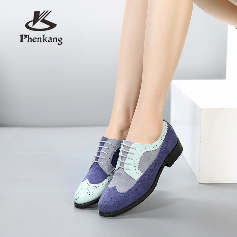 

Genuine cow leather brogues designer vintage lady flats shoes handmade oxford shoes for women blue grey 2018 with fur