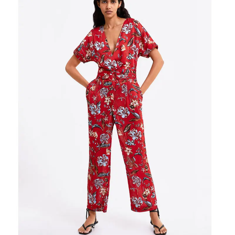 

women vintage floral prin V neck short sleeve jumpsuits sashes back zipper pleated rompers female summer casual long playsuits
