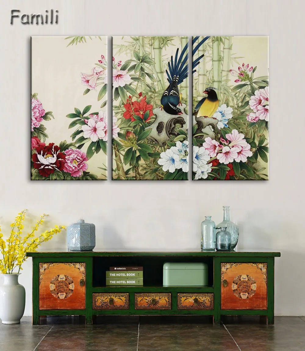 

3Panel Print Hand Painted Pink chrysanthemum Flower Oil Painting on Canvas Cherry Blossom Chinese Wall Pictures For Living Room