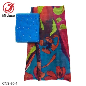 

2019 Hawiian style printing silk chiffon fabric 5 yards + African lace fabric with beads 2 yards for lady's dresses scarf CNC-80