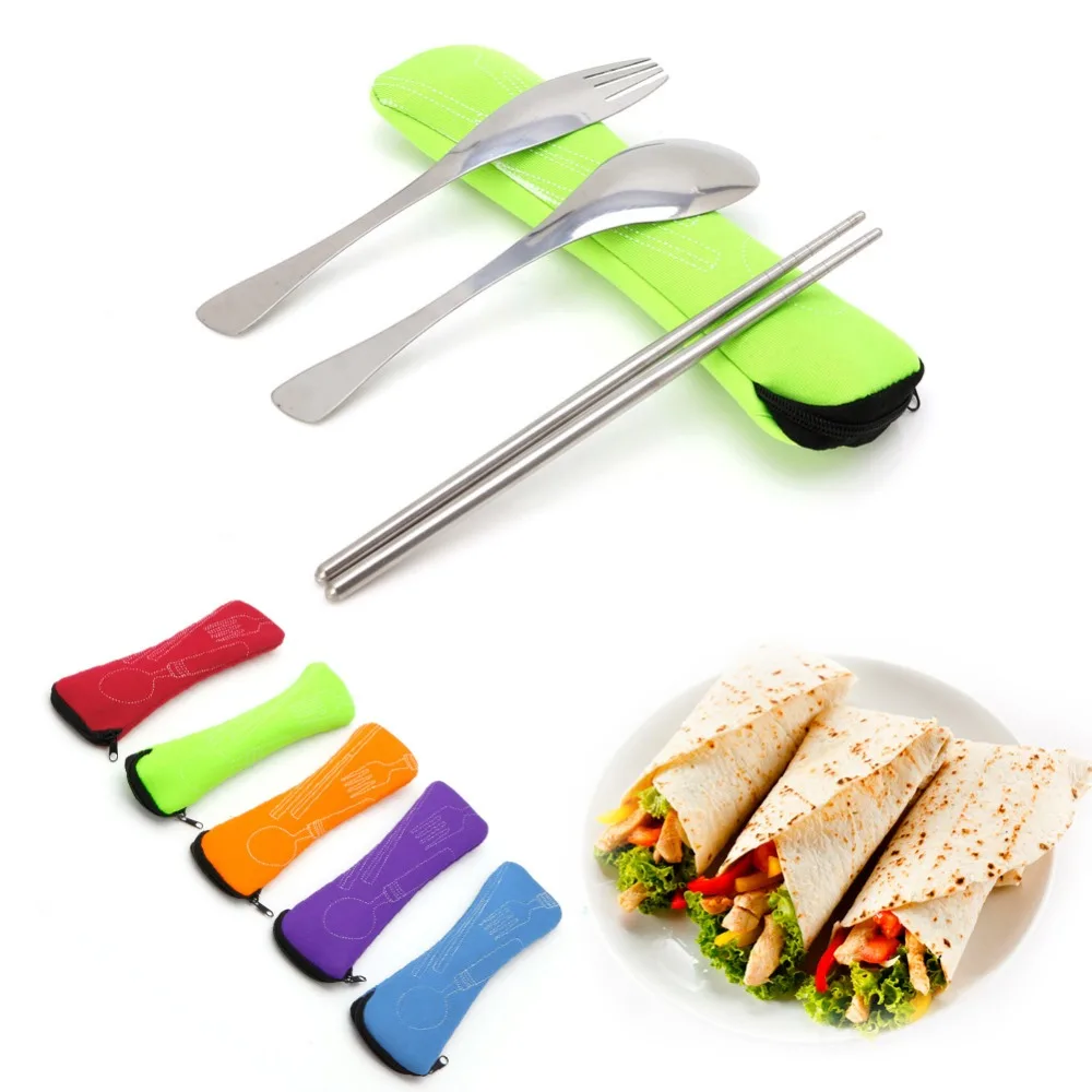 3 unids/set portátil al aire libre Camping Survival Picnic vajilla de acero inoxidable tenedor cuchara palillos cubiertos con bolsas