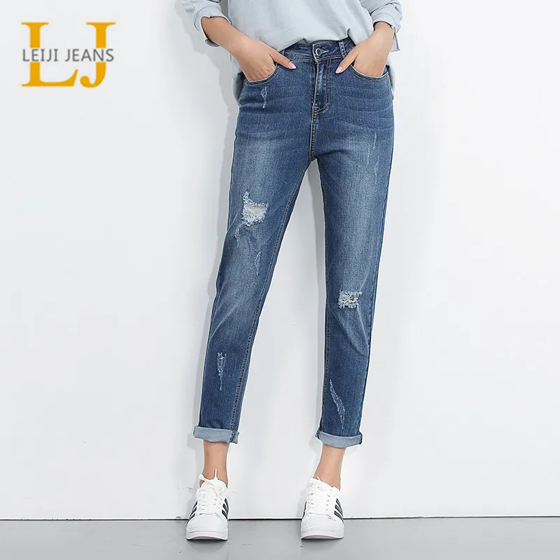 Skup LEIJIJEANS gorąca sprzedaż fajne lato Plus rozmiar moda zgrywanie Bleach średnio wysoka talia pełnej długości główna ulica kobiety luźne szarawary dżinsowe