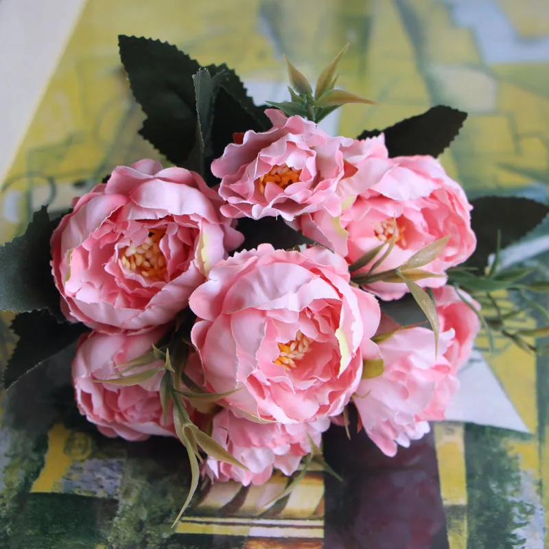 Европейский стиль, мини чайная роза, пион, букет, Шелковый цветок, искусственный цветок, свадебное украшение для дома - Цвет: pink