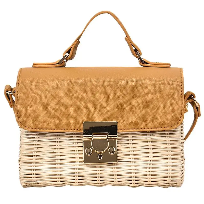 

Pu Leather Straw Woven Tote Handbags Female Handmade Summer Sea Beach Crossbody Bags For Women Quality Messenger Shoulder Bags