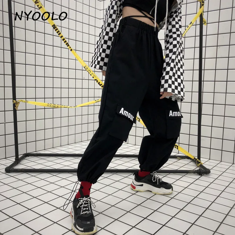 NYOOLO Харадзюку стиль Большие Карманы шнурок эластичный пояс брюки повседневные по щиколотку хип-хоп прямые брюки для женщин/мужчин