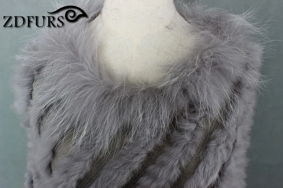 ZDFURS* Вязаное пончо с натуральным кроличьим мехом размера плюс, воротник из меха енота, модная уличная меховая отделка
