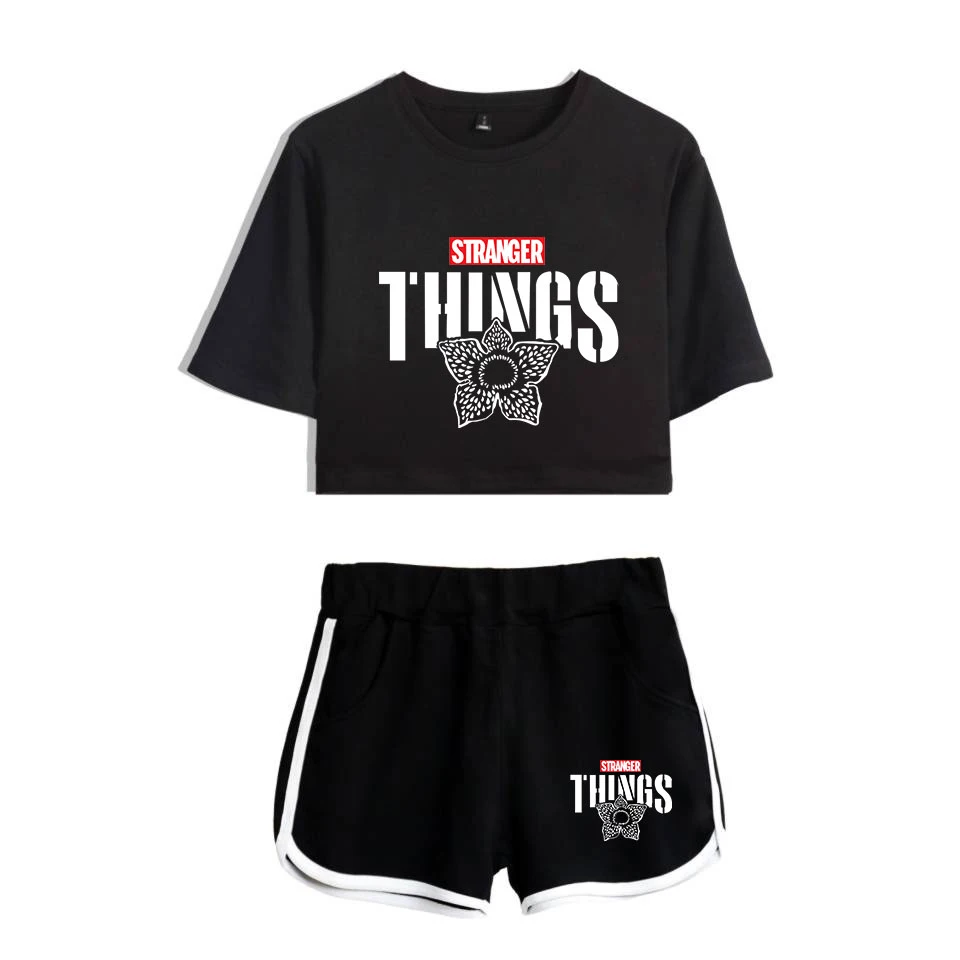 Странные Вещи Повседневный укороченный топ спортивный костюм женский комплект из 2 предметов летняя футболка с короткими рукавами + шорты