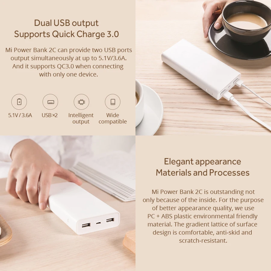 Original Xiaomi Power Bank 20000mAh 2C Portable Charger Support QC3.0 Dual USB Mi External Battery Bank 20000 For iPhone XS Max